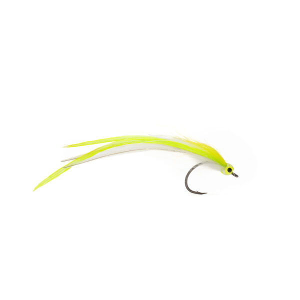 Caledonia Flatwing Tobis sea trout fly, a slim chartreuse and white sandeel imitation