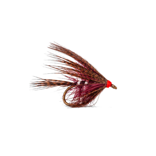 Caledonia Hot Head Claret Dabbler B/L wet fly with claret body, palmered claret hackle, bronze mallard cloak and bright red hot-head bead