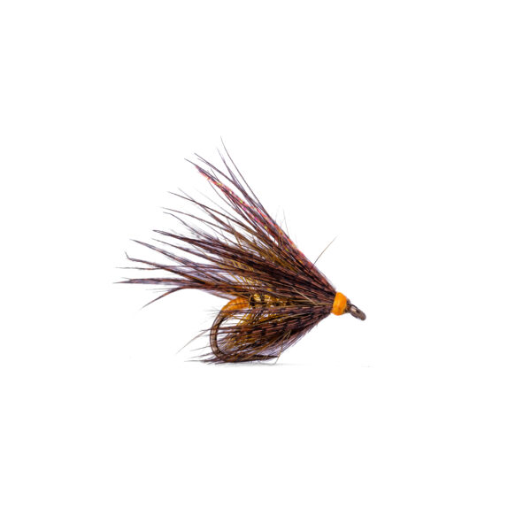 Caledonia SS Dabbler B/L wet fly with golden-olive body, palmered hackle, bronze mallard cloak and orange hot-head bead