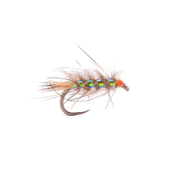 Caledonia Hot Head Hare's Ear B/L barbless unweighted trout nymph with spiky hare's ear body, pearl holographic rib and hot orange head on a curved nymph hook