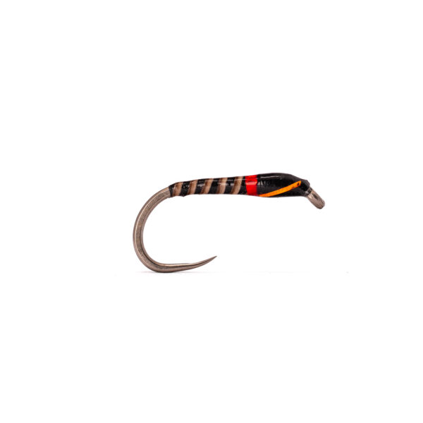 Caledonia Vicar Red Collar Buzzer B/L barbless stillwater trout fly with slim dark ribbed body and bright red thorax collar on a curved buzzer hook