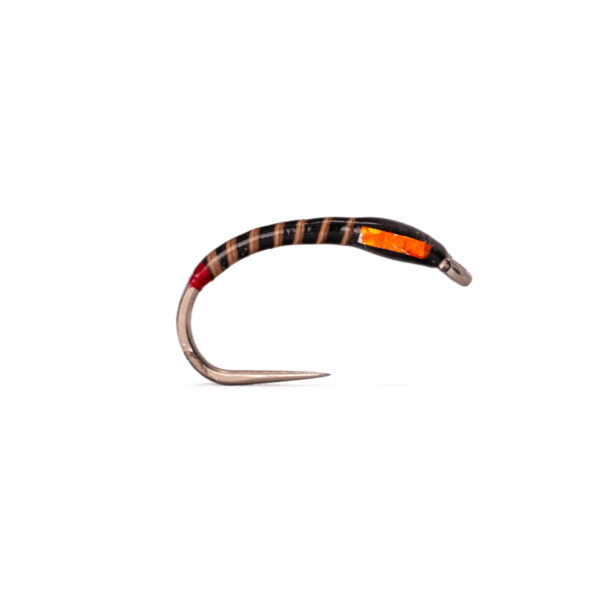 Caledonia Red Butt Buzzer B/L barbless stillwater trout fly with slim ribbed black body, red butt hot spot and orange thorax on a curved buzzer hook
